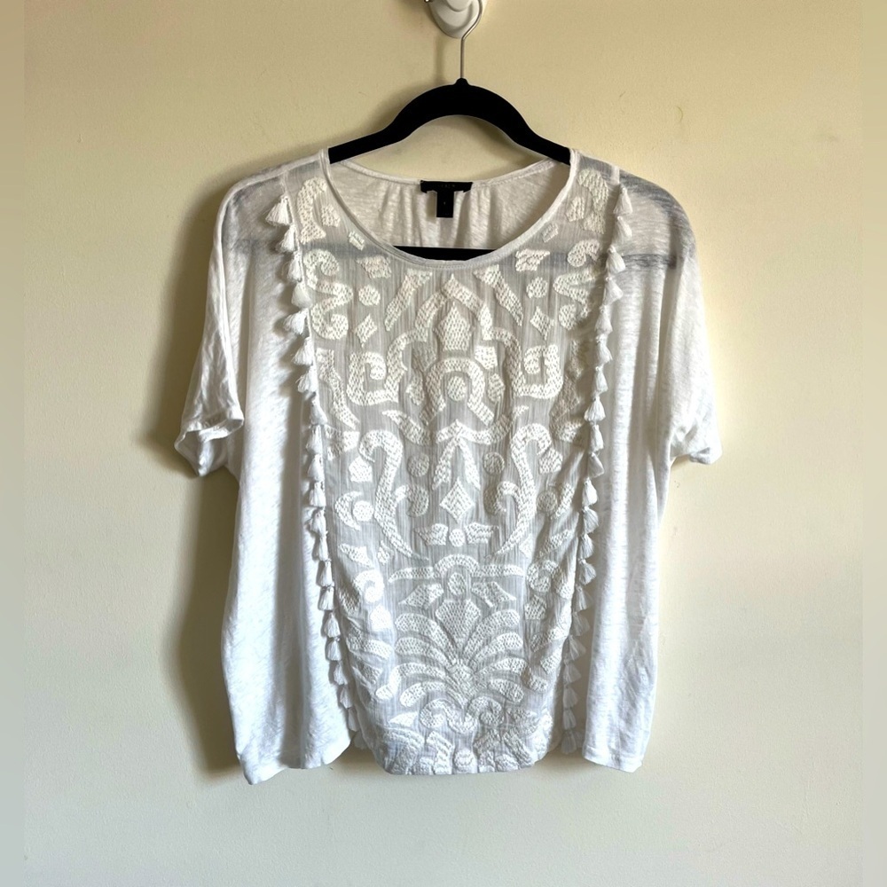 J. Crew White Linen Boxy Embroidered Fringe Tassel Summer Boho SS Top Sz SM EUC